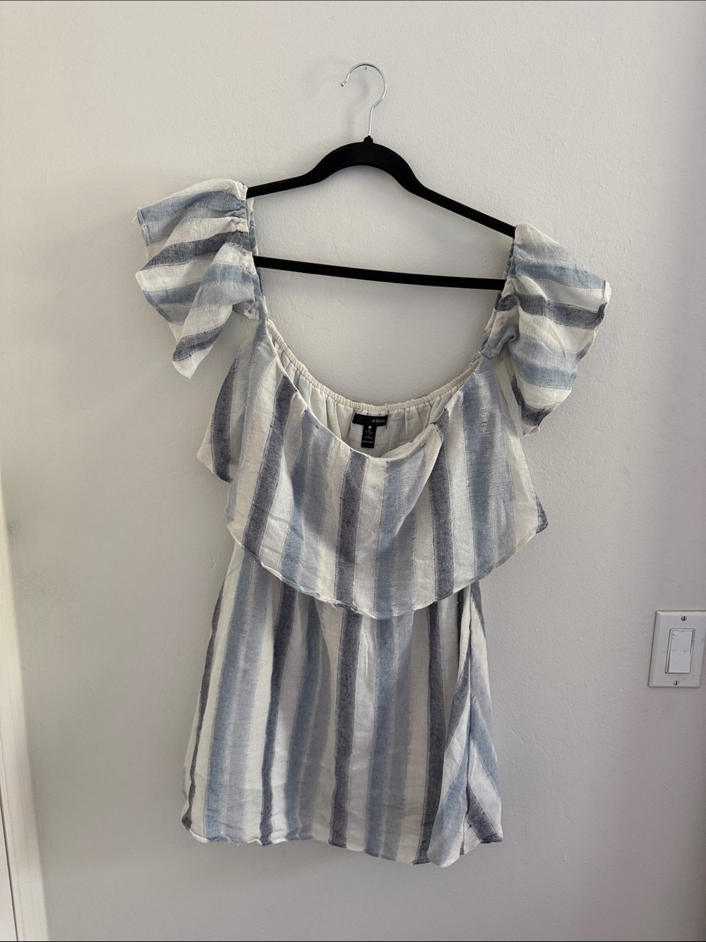 Aqua White Off-Shoulder Blouse with Subtle Navy Trim